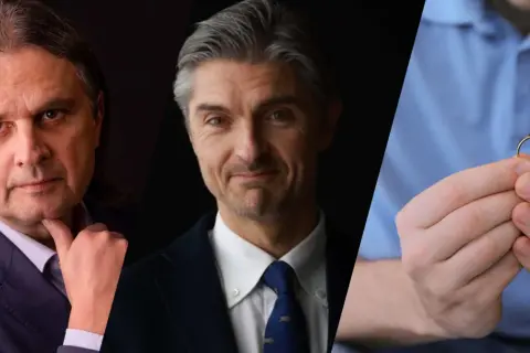 Polski prawnik od rozwodu w Niemczech - ranking kancelarii rodzinnych. Trzech mężczyzn, jeden trzyma obrączkę.