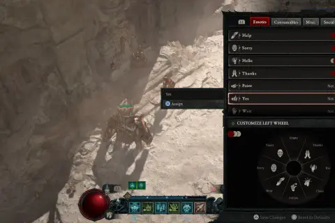Wybieranie emotek "Tak" i "Nie" w menu gry Diablo 4, w zgodzie z tradycjami.
