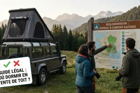 Un 4x4 avec tente de toit prêt pour un bivouac. Un couple consulte un panneau de réglementation pour le camping sauvage.