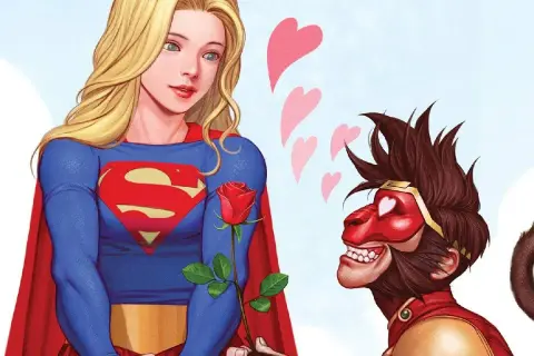 Supergirl z różą, a obok niej małpolud z serduszkami w oczach. Romantyczni chłopcy i spokój w powietrzu.