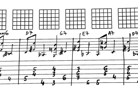 Zapis nutowy z diagramami akordów gitarowych i tabulaturą, prezentujący progresję akordów jazzowych z elementami basso continuo.