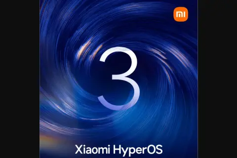 Xiaomi HyperOS: cyfra 3 na tle wirujących niebieskich linii.