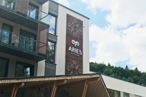 Nowoczesny hotel Aries w Szczyrku z ozdobnymi panelami i widokiem na las.