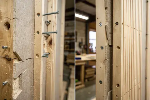 Détail de la fabrication d'une pancarte en bois : assemblage de planches de bois avec des vis, montrant la texture brute et les imperfections.
