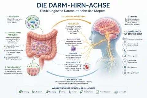 Die Darm-Hirn-Achse: Ein komplexes Netzwerk, das Gehirn, Darm und Mikrobiom verbindet. Stoffwechselprodukte, Hormone und Nervensignale beeinflussen Stimmung und Gesundheit.