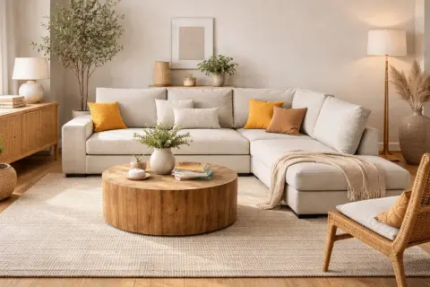 Sofá modular beige, mesa de centro de madera rústica, alfombra de yute y silla de mimbre crean un ambiente acogedor con estilo boho decoración.