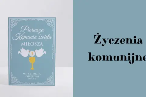 Zaproszenie na komunię z gołębiami i kielichem, obok tekst "Życzenia komunijne".