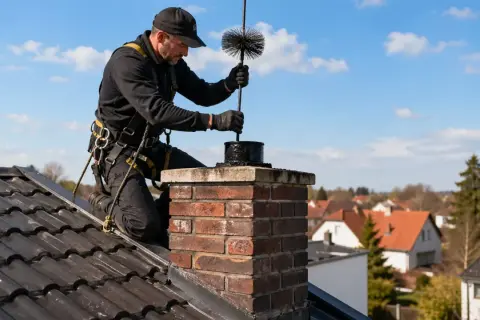 Kominiarz w uprzęży wykonuje czyszczenie komina ceramicznego na dachu.