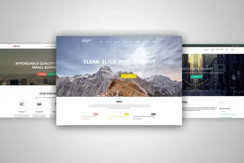 Szablony stron internetowych WordPress: trzy przykładowe strony z motywami dla biznesu, fotografii i nowoczesnego designu.