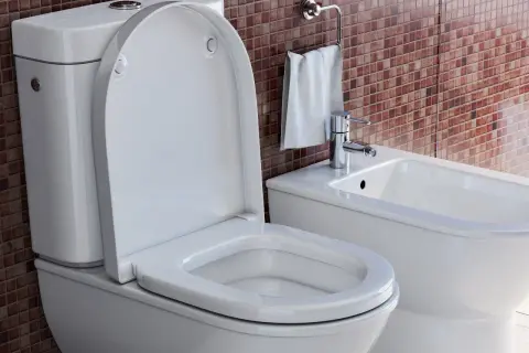 Nowoczesna łazienka z białym WC i bidetem. Zastanawiasz się, jak dobrac deske WC? Oto inspiracja.