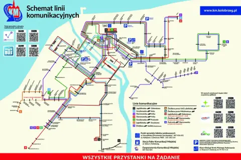 Schemat linii komunikacyjnych Kołobrzegu z zaznaczonymi trasami autobusów i przystankami.