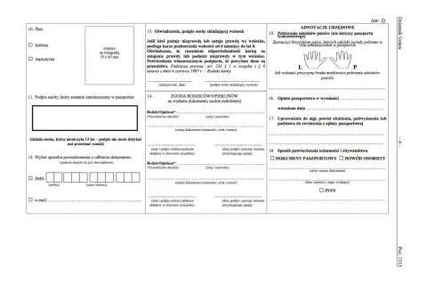 Formularz wniosku o paszport, z polami do wypełnienia danych osobowych, zgody rodziców, opłat i potwierdzenia tożsamości. Wniosek ten może być częścią procedury ubiegania się o mieszkanie komunalne.