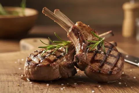 Costine allo spiedo succulente e grigliate, guarnite con rosmarino fresco e sale grosso su un tagliere di legno.