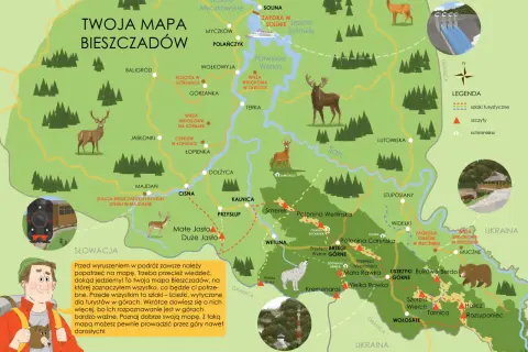 Mapa Bieszczadów z zaznaczonymi szlakami, schroniskami, szczytami i atrakcjami. Znajdziesz tu m.in. Solinę, Wetlinę, Ustrzyki Górne.