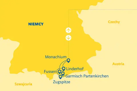 Mapa pokazuje trasę podróży po Niemczech, zaczynając od Monachium, a następnie odwiedzając Füssen, Linderhof, Garmisch-Partenkirchen i Zugspitze.