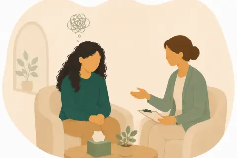 En person med en tankesnurr över huvudet sitter hos en terapeut. Kanske en mild autism symptom som uttrycks.