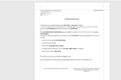 Aneks do umowy o pracę z dnia 01.02.2025 r. dla Pani Katarzyny Wojciechowskiej, ustalający warunki zatrudnienia na stanowisku specjalisty d/s sprzedaży.