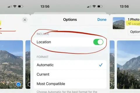 iPhone photo options screen showing how to remove photo metadata, specifically location data, from a selected image.