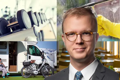 En man med glasögon, gymutrustning, en husbil med cykel och en person som putsar ett fönster. Olika typer av konkurrerande verksamhet.