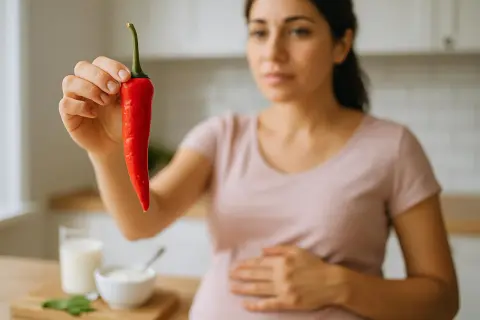 Donna incinta tiene un peperoncino rosso, con latte e yogurt sullo sfondo.