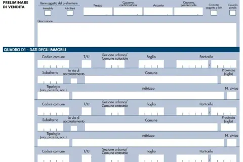 Dati per il preliminare acquisto casa: dettagli immobili, indirizzi, codici catastali e dati per la compravendita.