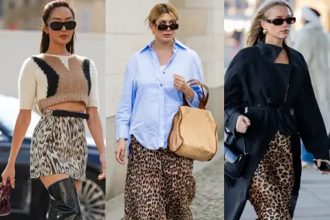 Trzy kobiety prezentują modne stylizacje ze spódnicą w panterkę. Krótka, wzorzysta spódniczka mini, luźne spodnie i długa spódnica maxi – każda z nich wygląda inaczej.