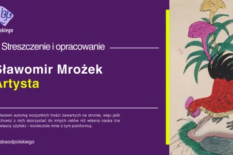 Grafika z kogutem i kwiatami, obok tekst: "Sławomir Mrożek Artysta".