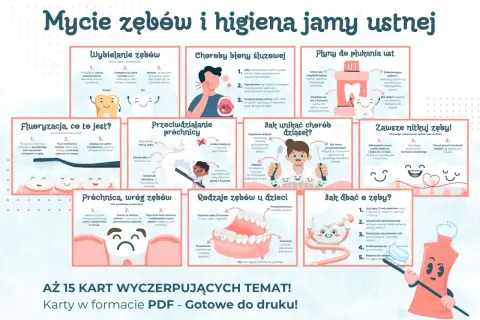 Ilustracja pokazuje, jak prawidłowo myć zęby, zapobiegać próchnicy i dbać o higienę jamy ustnej.