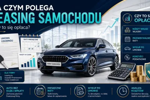 Grafika wyjaśnia, jak działa leasing samochodu, pokazując umowę, kluczyki, kalendarz rat, wykres kosztów, kalkulator i monety. Podkreśla korzyści: niższy wkład własny, przewidywalne raty, wykup po umowie i korzyści podatkowe.
