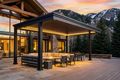 Modern pergola with integrated lighting over a deck, featuring outdoor seating and a fire pit. This image showcases how to build a pergola on a deck for ultimate outdoor living.