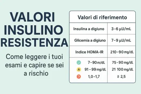 Valori di riferimento per insulina, glicemia e indice HOMA-IR, utili per interpretare la curva glicemica e valutare il rischio di insulino-resistenza.