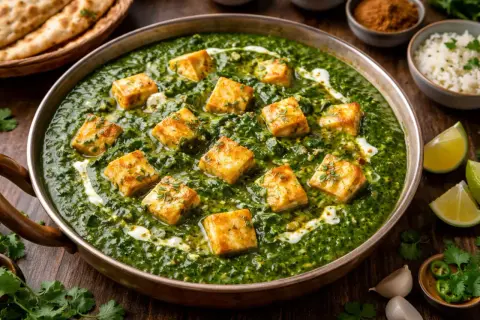 En krämig palak paneer med gyllene paneerbitar i en djupgrön spenatsås. Ett perfekt recept för en smakrik indisk middag.