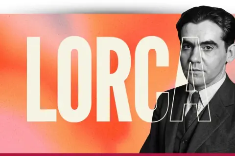 Retrato de Federico García Lorca con la palabra "LORCA" superpuesta. La imagen evoca la trágica historia de como murio Federico García Lorca.