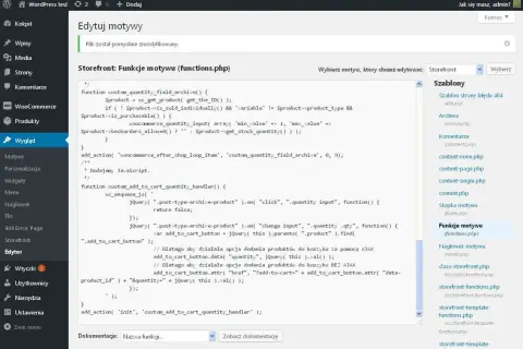 Edytor motywu Storefront, plik functions.php, pokazuje kod PHP i JavaScript do zarządzania woocommerce ilość produktów na stronie.
