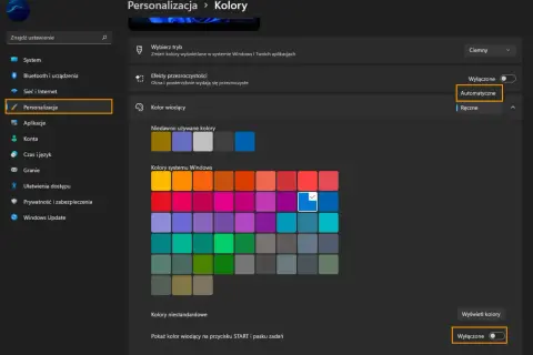 Ustawienia personalizacji kolorów w Windows. Wybierz automatyczne lub ręczne ustawienia, aby dowiedzieć się, jak wydrukować w kolorze.
