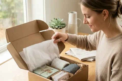 Mujer preparando el empaquetado de productos en una caja de cartón. Se ven varios artículos envueltos y decorados con cuerdas.