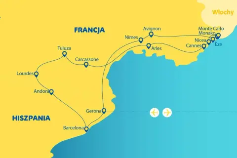 Mapa pokazuje trasę przez Francję i Hiszpanię, z zaznaczoną Barceloną nad morzem.