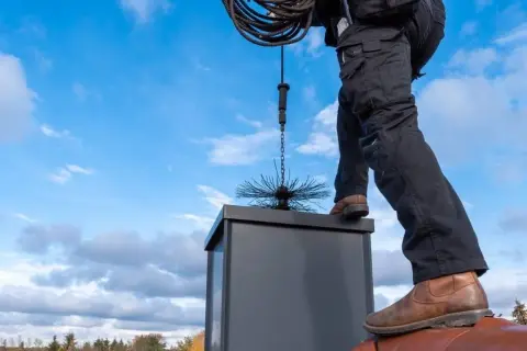 Ein Schornsteinfeger steht auf einem Dach und lässt eine Bürste in den Schornstein von unten kehren.