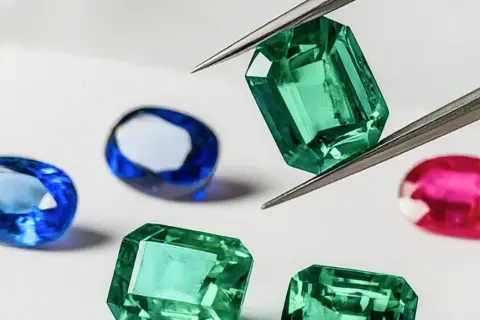 Pinzas sostienen una esmeralda verde brillante, rodeada de zafiros azules y un rubí rosa. Un tesoro de piedras preciosas.
