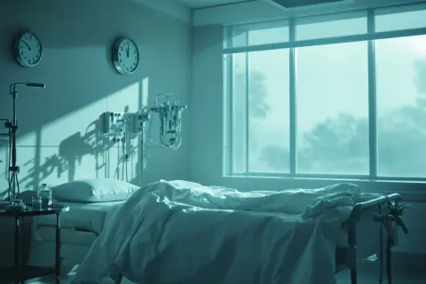 Pusta sala szpitalna z łóżkiem, kroplówką i dwoma zegarami. Zastanawiasz się, ile dni po punkcji lędźwiowej spędzisz w szpitalu?
