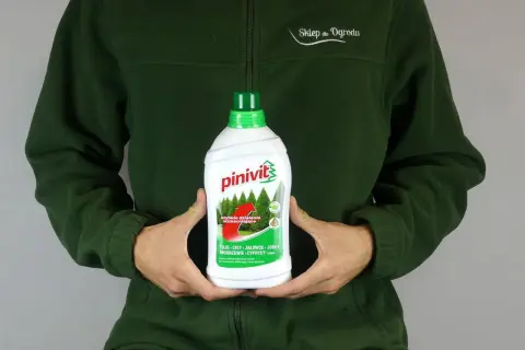 Osoba w zielonej bluzie trzyma butelkę **pinivit** – płynnego nawozu do roślin iglastych, który wzmacnia tuje, cisy i jałowce.