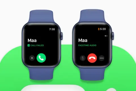 Dwa zegarki Apple Watch pokazują ekran połączenia. Jeden wyświetla "CALL FAILED", drugi "FACETIME AUDIO".
