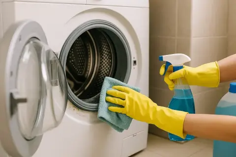Manos con guantes amarillos limpian la lavadora con un paño azul y spray.