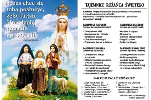 Matka Boża z Fatimy i dzieci, zachęcająca do poznania Jezusa. Wtorek to dzień tajemnic bolesnych różańca.