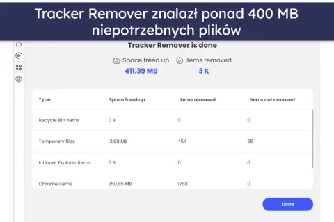 Wynik skanowania Tracker Remover: zwolniono 411 MB, usunięto 3 tys. elementów. Podobnie jak mcafee anti-virus, program dba o czystość systemu.