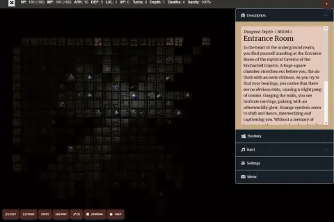 Widok z gry roguelike: mapa lochów, statystyki postaci i opis pomieszczenia.