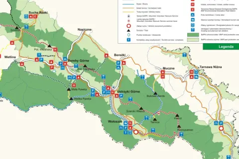 Mapa Bieszczadów z zaznaczonymi szlakami, schroniskami i punktami widokowymi. Widać tu m.in. Wetlinę, Ustrzyki Górne i Tarnicę.