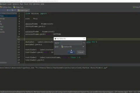 Création d'un nouveau fichier Python dans PyCharm, une étape avant d'ajouter un bouton tkinter.