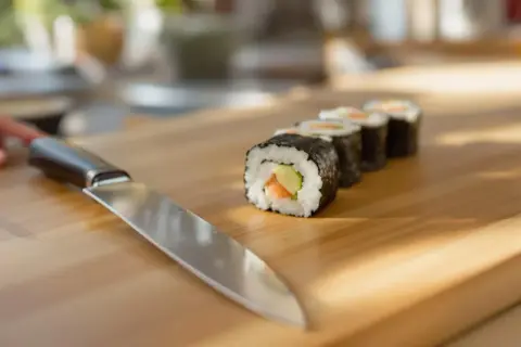 Nóż i gotowe rolki sushi na desce. Dowiedz się, jak kroić ogórka do sushi, by uzyskać idealne kawałki.