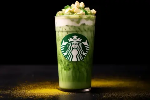 Un délice vert : un frappuccino matcha Starbucks crémeux, garni de crème fouettée et de copeaux blancs.